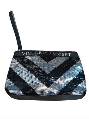 Victoria's Secret Bag Clutch Makeup Bag Reversible Sequins Silver Hardware